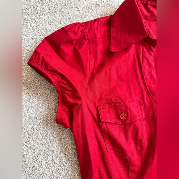 Vintage Red Puff Short Sleeve Button Down Shirt & Grey V-neck Button Down Vest - Picture 5 of 16